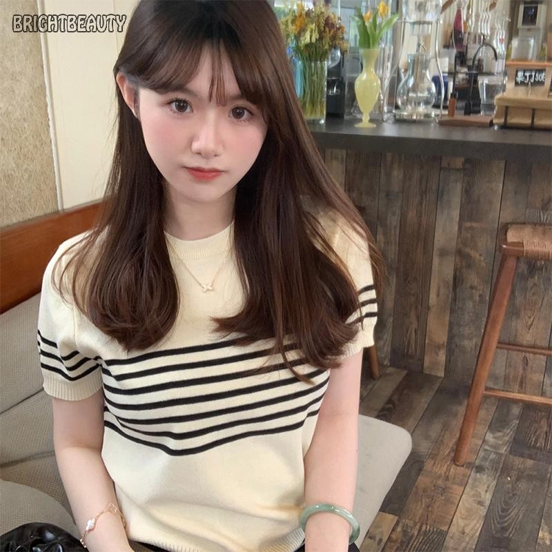 Brightbeauty เกาหลีย้อนยุคลายคอกลมแขนสั้นสบายๆถักเสื้อยืดสําหรับผู้หญิง TH