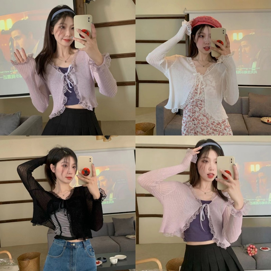 Evelyn เสื้อคลุมซีทรู ไหมพรมลายลูกไม้ดีเทลผูกเชือกได้ สีพื้น สไตล์ลำลอง มีของพร้อมส่ง#9515