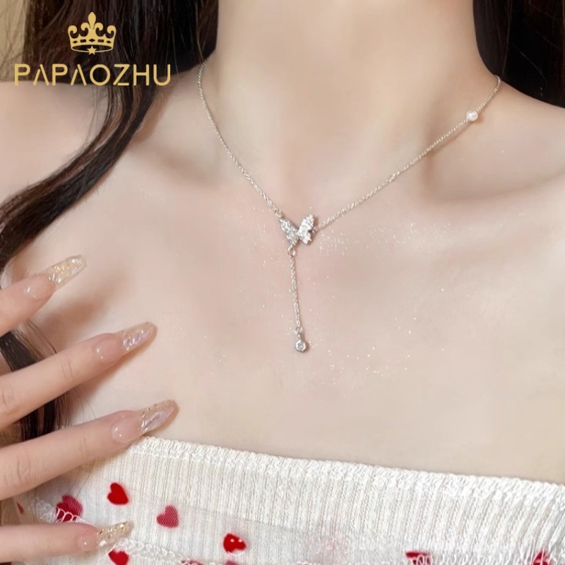 Papaozhu Elegant S925 Silver Pearl Chain คริสตัลผีเสื้อจี้สร้อยคอสําหรับผู้หญิงสาวหมั้นเครื่องประดับคอ