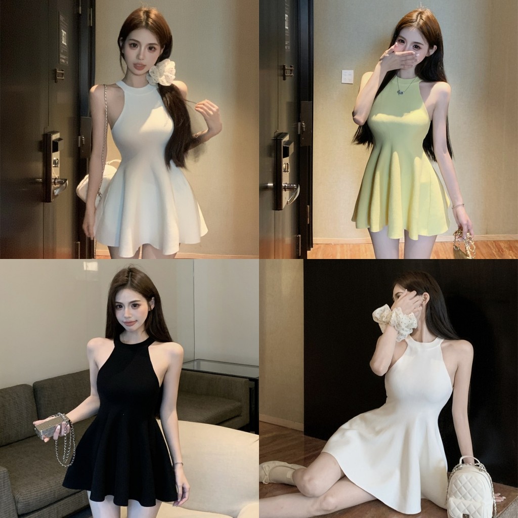 💖Soroh💖เดรสสั้น แขนกุด คอกลม สีพื้น ทรงรัดตัว💓ชุดมินิเดรส สไตล์เกาหลี มินิมอล น่ารักคิ้วๆ💞#W37
