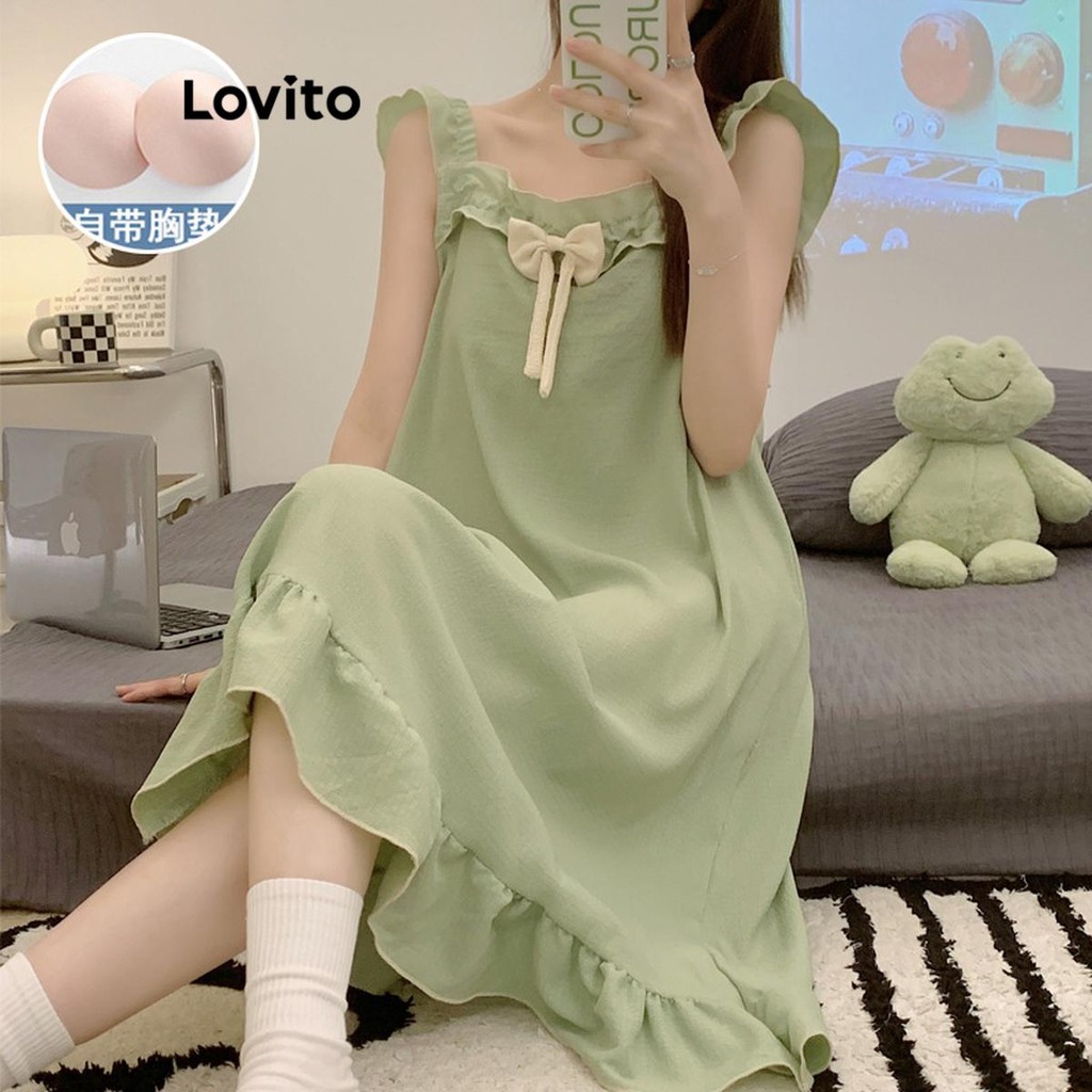 Lovito ชุดนอนเดรสผู้หญิง แต่งโบว์ สีพื้น สไตล์ลำลอง LNA57210