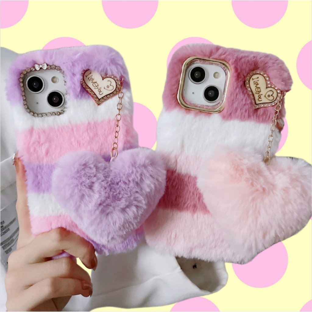 สําหรับ iPhone 16 15 14 13 12 11 Pro Max XS XR 8 7 Plus สีชมพู Rainbow Splicing Furry เคสโทรศัพท์ + Plush Love Heart Hairball + Rhinestone เพชรผู้หญิงสาว