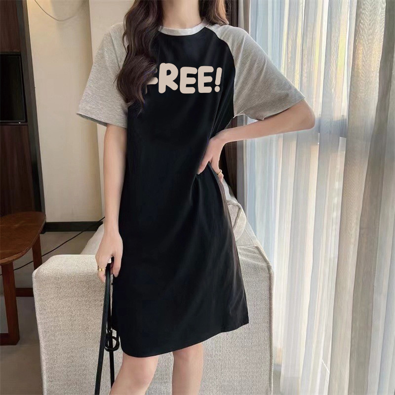 ชุดเดรสแขนสั้นพิมพ์ลายตัวอักษรฟรีภาษาอังกฤษเรียบง่ายสําหรับผู้หญิงใหม่อินเทรนด์ชุดเดรสทรงหลวมขนาดใหญ่