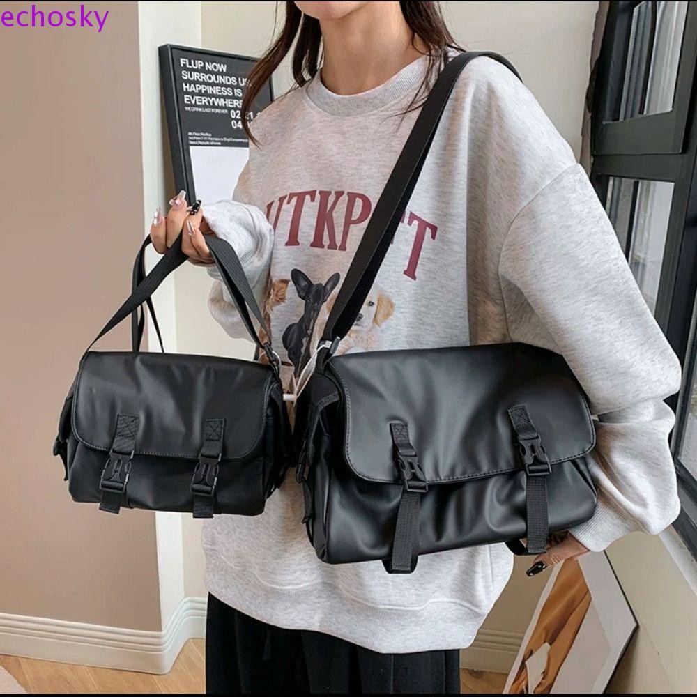 Echosky Solid Nylon Bag, กระเป๋าสะพายข้างสีดํา, กระเป๋า Messenger สไตล์เกาหลีสุดเท่ขนาดใหญ่ Capcity สีทึบกระเป๋าสะพายเรียบง่ายกีฬา