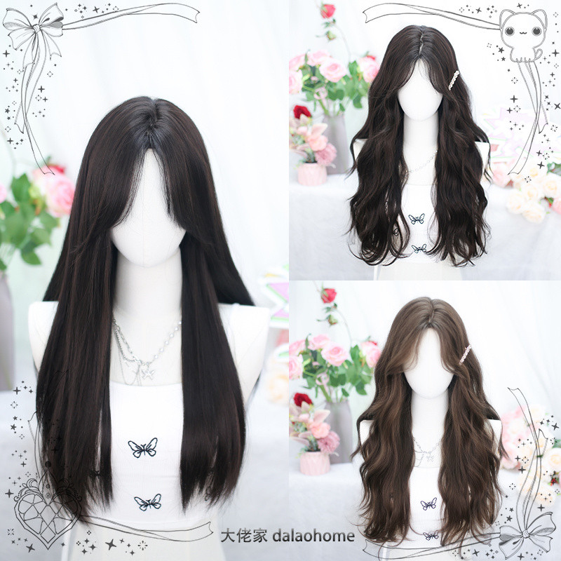 Boss Wig Full Headgear lolita วิกผมสีดํายาวตรง lolita cos lolita วิกผมผมหยิกยาว KAN7