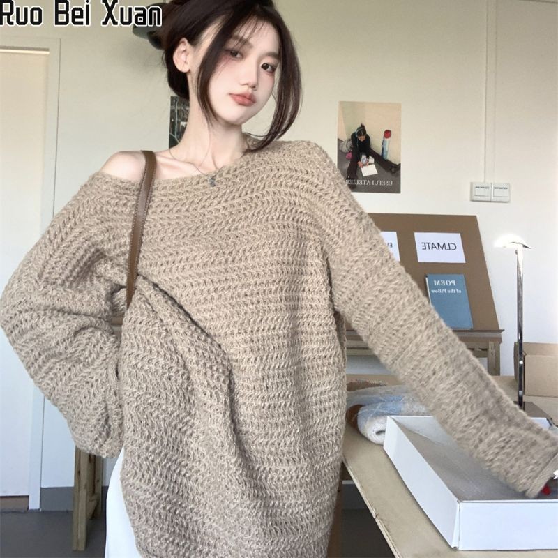 Ruo Bei Xuan เสื้อสเวตเตอร์เปิดไหล่สตรีฤดูใบไม้ร่วงและฤดูหนาวพร้อมเสื้อปาดไหล่
