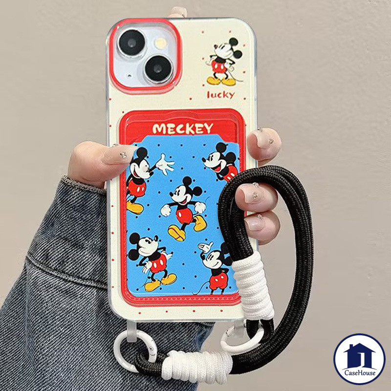 เคสแบบนุ่มพร้อมสายคล้องสำหรับใส่บัตร Mickey Mouse สุดน่ารัก เข้ากันได้กับ IPhone 7Plus 16 11 15 14 12 13 Pro Max XR XS X