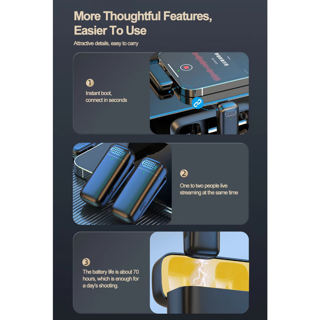 ไมโครโฟนไร้สายแบบหนีบเสื้อพร้อมเคสชาร์จมินิลดเสียงรบกวนอัจฉริยะสําหรับโทรศัพท์ไมโครโฟนปกบันทึกวิดีโอสั้นไมโครโฟนสด - รูปที่ 3