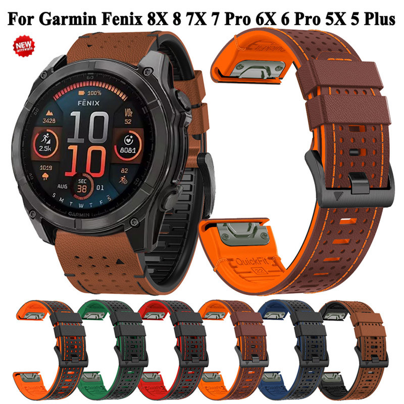 22 มม.26 มม.ซิลิโคน + หนังคุณภาพสูงสําหรับ Garmin Fenix 8/7X/7Pro/6X/6 Pro/5X/เปลี่ยนสายนาฬิกา Epix Gen Pro 2 47 51 มม. Forerunner 945 955 965 Band