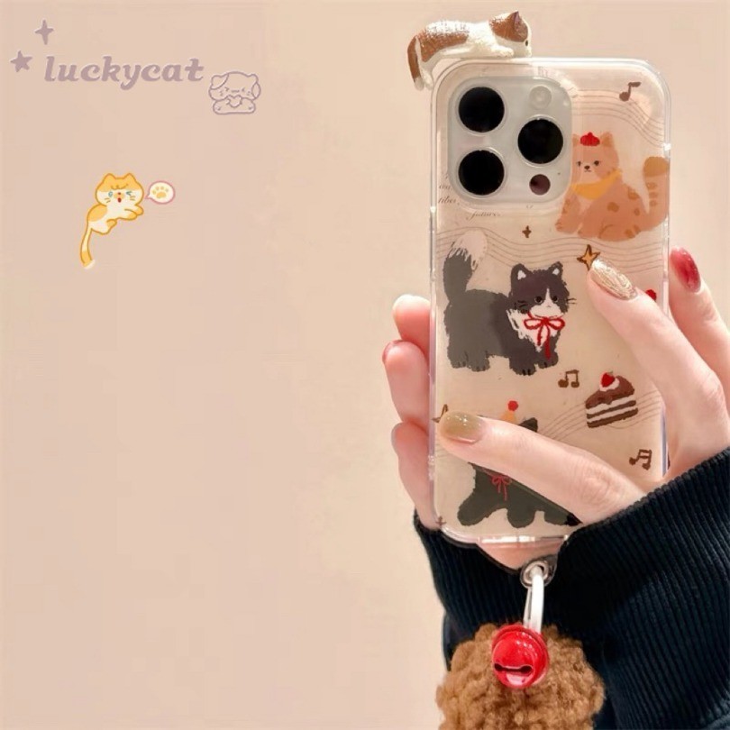 Iphone 16 15 14 13 12 11 Pro Max X Xr Xs Max 7 8 Plus SE2020 เคสโทรศัพท์ 3D DIY น่ารัก Mini Relax แมวสีน้ําตาล + Lanyard Clear Soft ฝาหลัง
