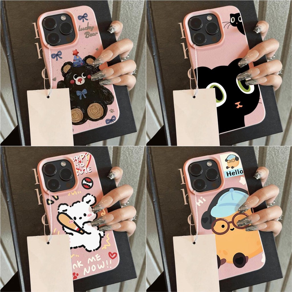 เคสFor iPhone XR 11 13 15 12 14 16 PRO MAX 15 Plus X XS MAX เคสโทรศัพท์ซองหนังนิ่มกันกระแทก สีชมพู กระต่ายหมีน่ารัก