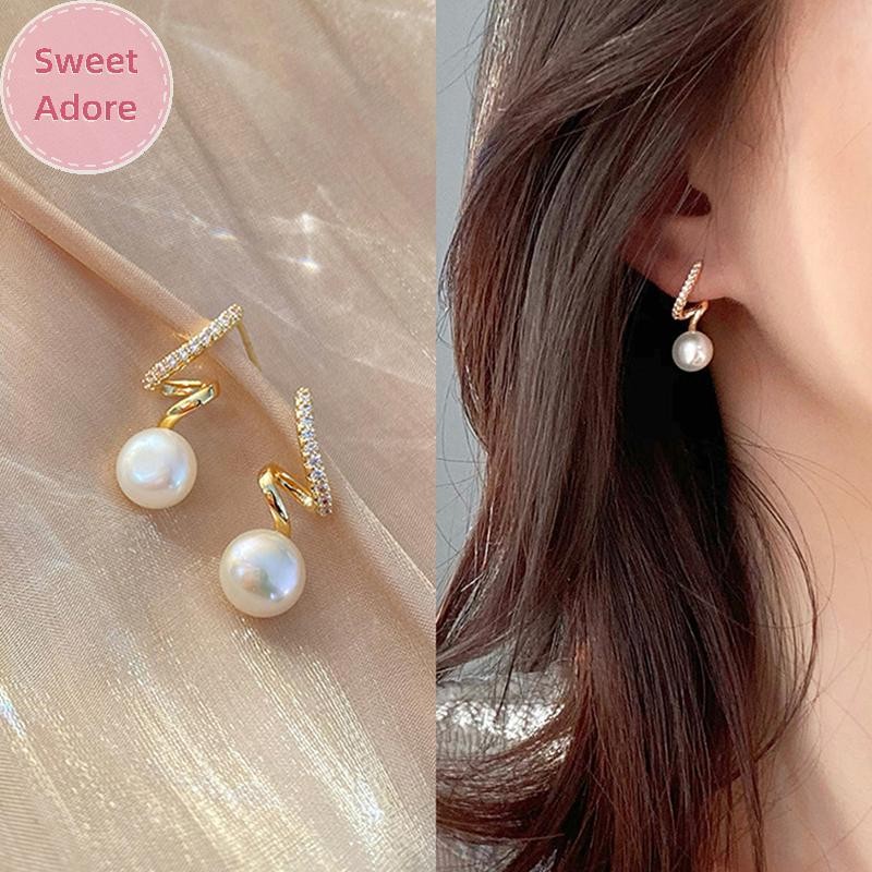 Sweetadore 1 คู่ Ins สไตล์เกาหลี Shining แฟชั่นต่างหูมุกผู้หญิง Rhinestone ต่างหูมุกเครื่องประดับต่างหูสุภาพสตรีตกแต่ง TH