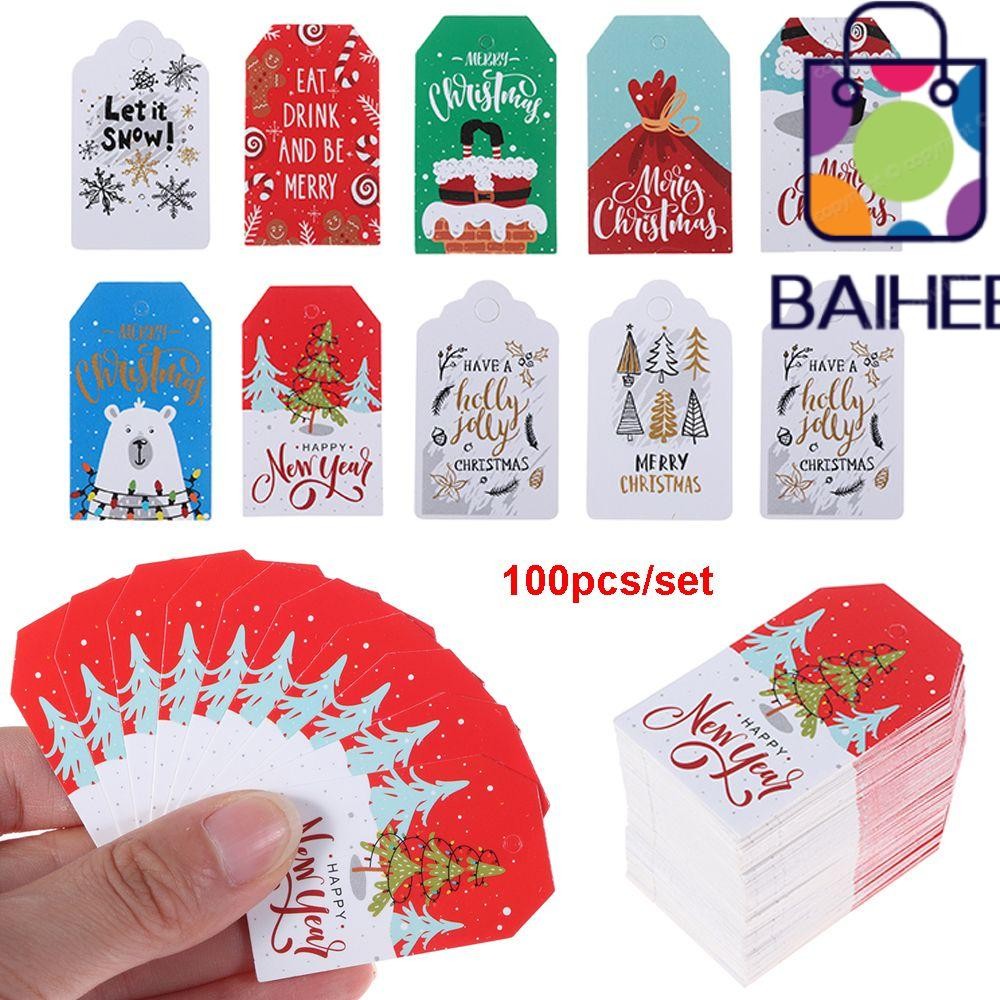 ไป่เหอ 100 ชิ้นแท็กแขวนซานตาคลอสกระดาษคราฟท์ห่ออุปกรณ์ป้ายคริสต์มาส