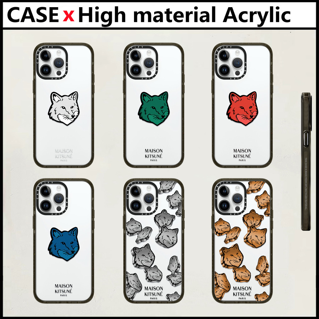 Casetify Maison Kitsuné Fox รูปแบบ iPhone สําหรับ 11 12 13 14 15 16 Pro Max 16 Plus อะคริลิคพลาสติก TPU ตัวอักษรด้านข้างกันกระแทกฝาครอบโทรศัพท์กลับ INS สไตล์ปลอก