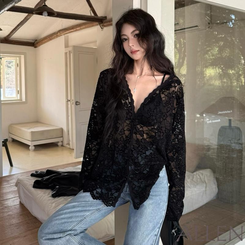 พันธมิตร-ผู้หญิงแขนยาวพื้นฐานท็อปส์สบายๆดูผ่านลูกไม้คอวีปุ่มขึ้นเสื้อเสื้อสําหรับคลับ สตรีทแวร์