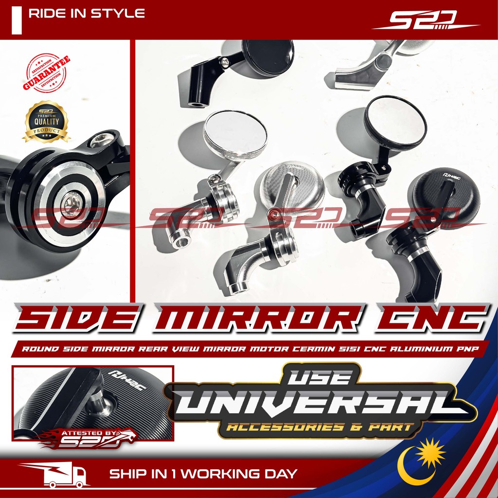 กระจกมองข้างทรงกลม H2C Universal ใช้ RH + LH กระจกมองหลังกระจกมองข้างมอเตอร์ Cermin Sisi CNC อลูมิเน