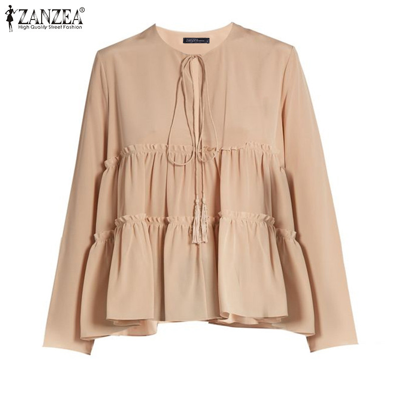 Zanzea ผู้หญิงเกาหลีลําลองคอกลมหรูหราแขนยาวเชื้อราเร้าใจขอบเสื้อ