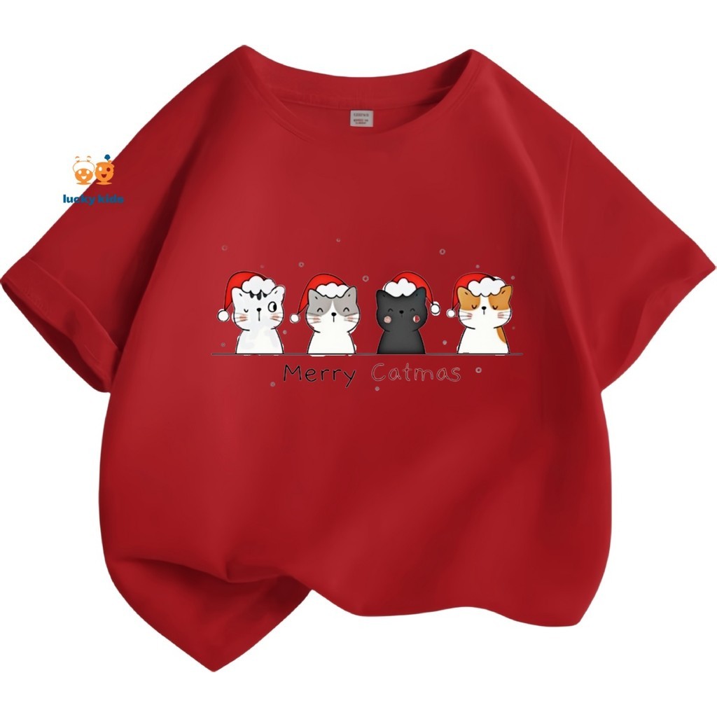(จัดส่งตลอด 24 ชั่วโมง) (MerryChristmas) เสื้อยืดเด็กคริสต์มาสเสื้อยืดสุขสันต์วันคริสต์มาสลายแมวผ้าฝ้ายระบายอากาศ