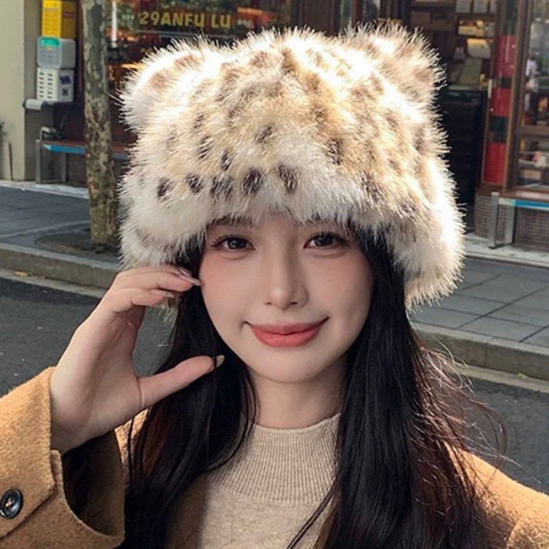 หมวกหูหมีพิมพ์ลายเสือดาว-อเนกประสงค์,แสดงใบหน้าขนาดเล็ก-สําหรับฤดูใบไม้ร่วงฤดูหนาวเก็บอุปกรณ์เสริมที่อบอุ่น-น่ารัก,การ์ตูน-กันลม,เลียนแบบ ลิ้งซ์ ขน-ตุ๊กตาป้องกันหูหม - รูปที่ 2