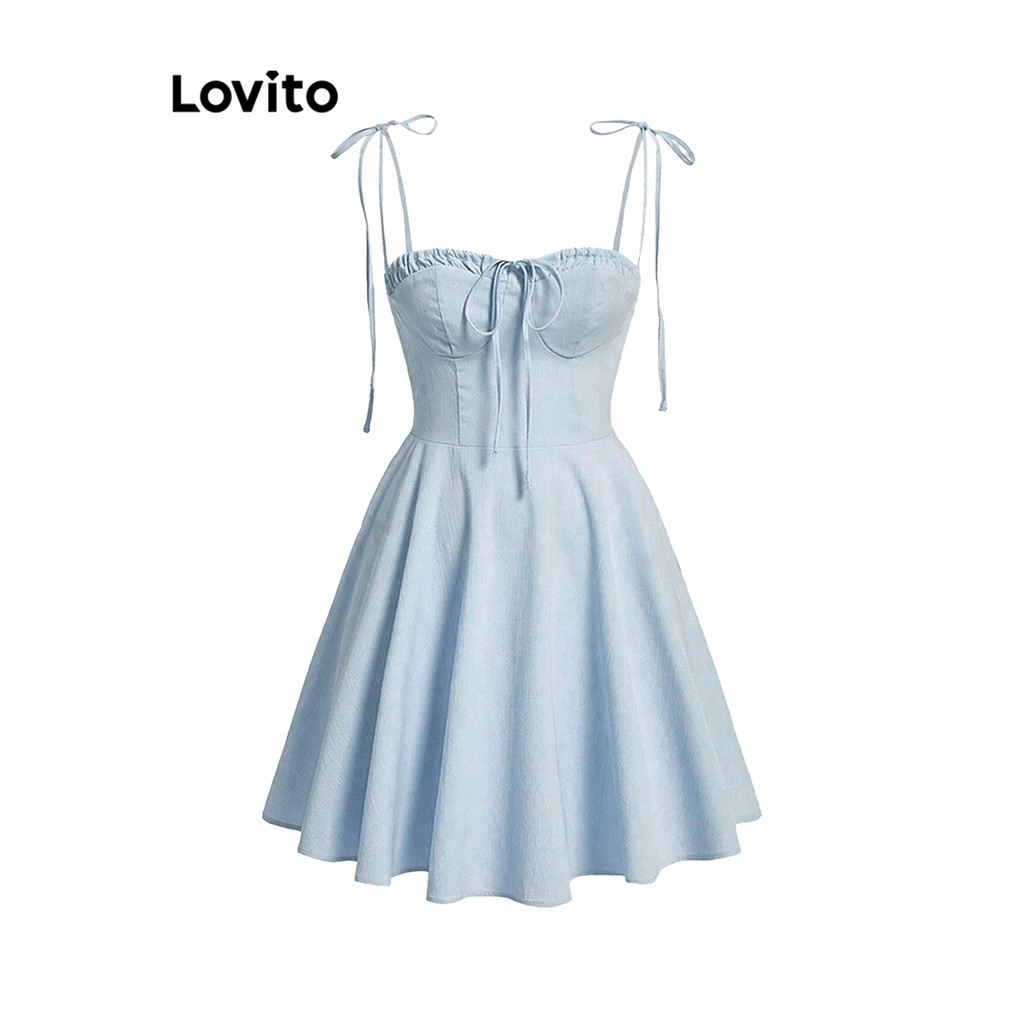 Lovito ชุดเดรสลำลองลูกไม้ธรรมดาผูกโบว์สำหรับผู้หญิง L98AD138
