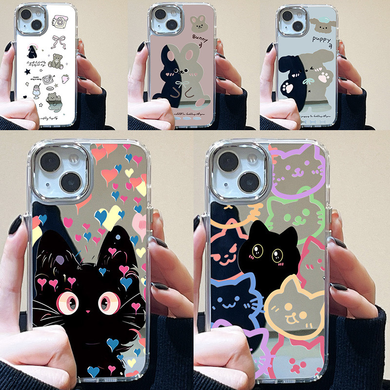 กระจกเงาเคส For iPhone 16 Pro Max 11 12 13 14 15 Pro Max เคส iPhone 11 เคสแมวน่ารัก เคสโทรศัพท์กระจกแต่งหน้าสีเงิน