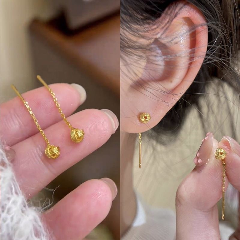 ใหม่ Delicate Gold Ruyi Knot พู่หูสาย,ต่างหูสตั๊ดเรขาคณิตเรียบง่าย