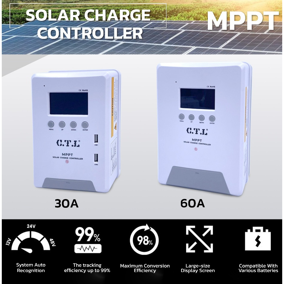 MPPT โซล่าชาร์จเจอร์ โซล่าคอนโทรลเลอร์30A/60A 12/24V ควบคุมชาร์จแผงโซล่าเซลล์solar charge controller