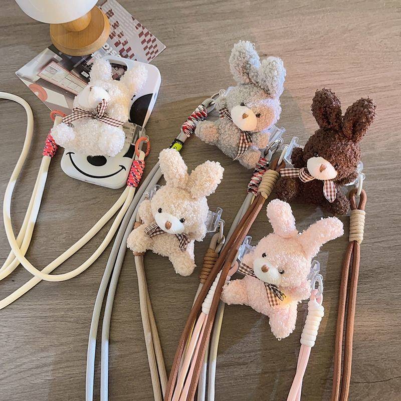 Super Cute White Bow Rabbit Mobile Phone Back Splint Plush Doll Pendant Mobile Phone Lanyard Crossbo