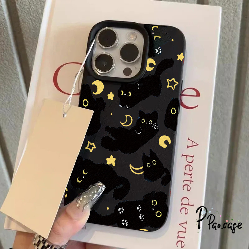 เข้ากันได้กับ IPhone 17 XR 16 13 11 15 12 14 Pro Max 7 15 8 14 Plus XS X Max เคสหนังลายการ์ตูนแมวสีดำสัมผัสนุ่ม