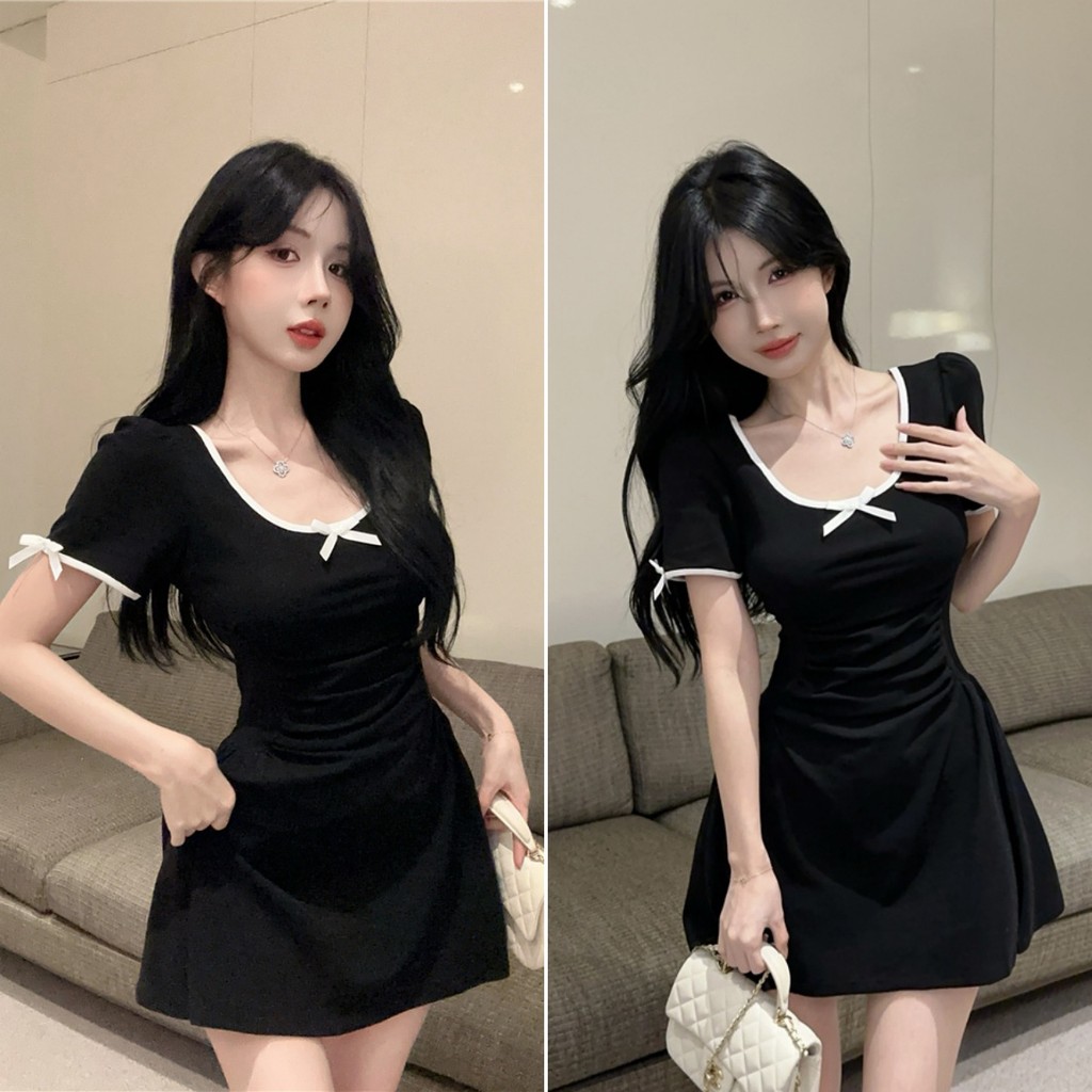 Bella shop🌻ชุดเดรสสไตล์เกาหลี ชุดเดรสแฟชั่นผู้หญิง แต่งโบว์ เซ็กซี่ ปลอกคอรูปตัว U สไตล์เกาหลี