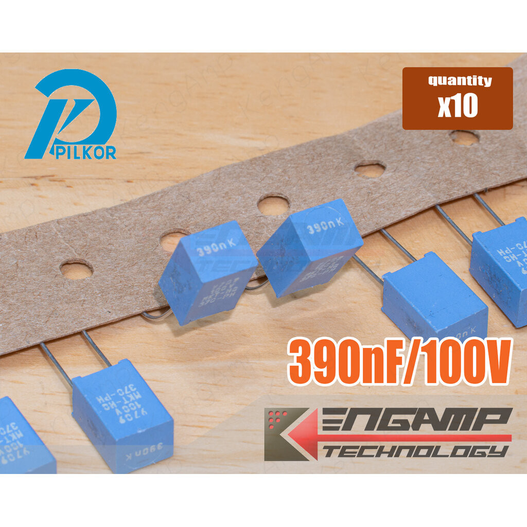 (10ตัว) [F-CAP] 0.39uF/100V 390nK100V PILKOR 5.8x7 H10.8mm P=5mm