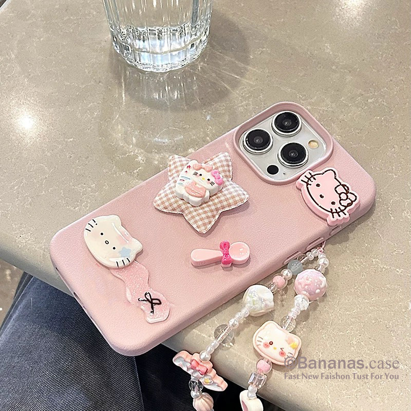 ใช้งานร่วมกับ iPhone 17 16 15 14 13 12 11 Pro Max X Xr Xs Max เคสโทรศัพท์ Ins น่ารัก 3D DIY แมวสีชมพู + Lanyard หนังนุ่มปกหลัง