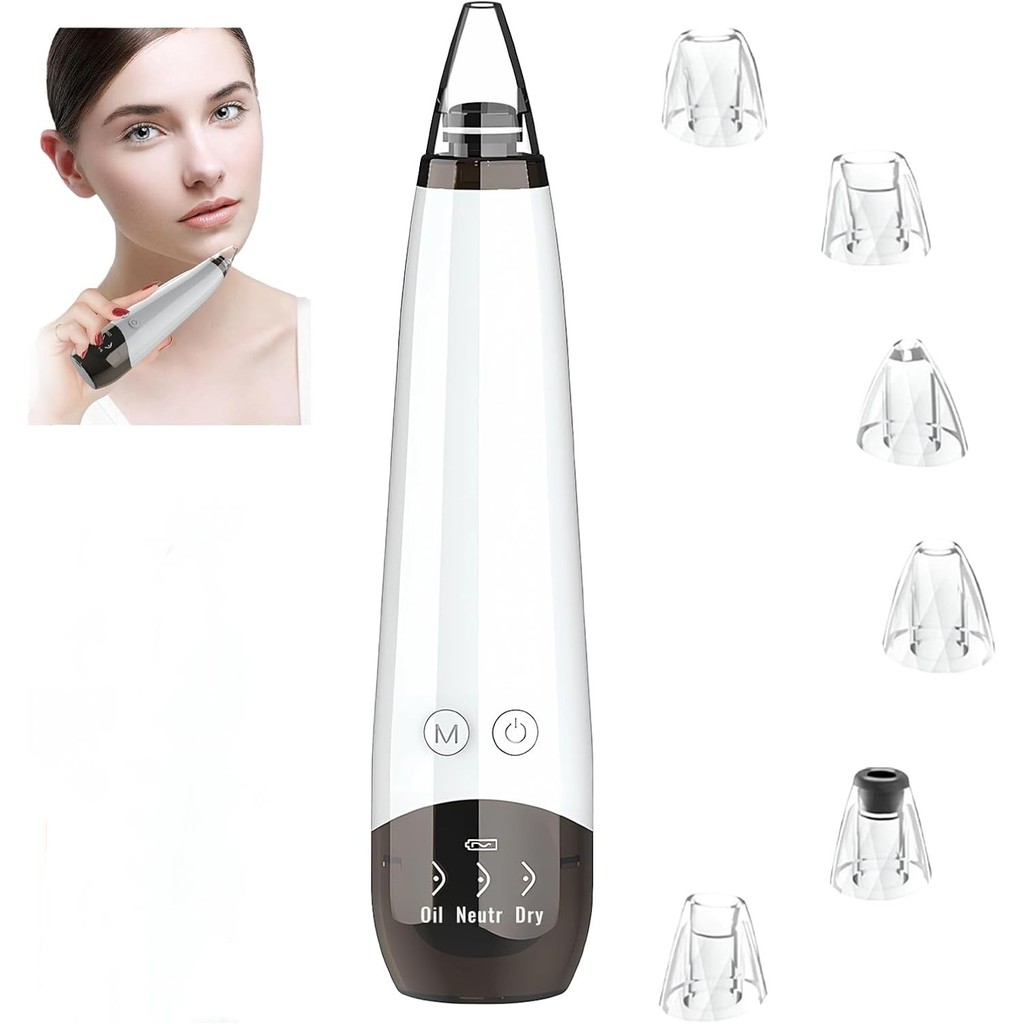 เครื่องดูดฝุ่นรูขุมขน, เครื่องดูดฝุ่นกําจัดสิวหัวดําแบบชาร์จ USB, เครื่องกําจัดสิวหัวดําสูญญากาศรูขุมขนแบบปรับได้ 3 ระดับ, พลังดูดสูง 5 หัววัด 6 หัว, เครื่องทําความสะอาดรูขุมขนบนใบหน้า