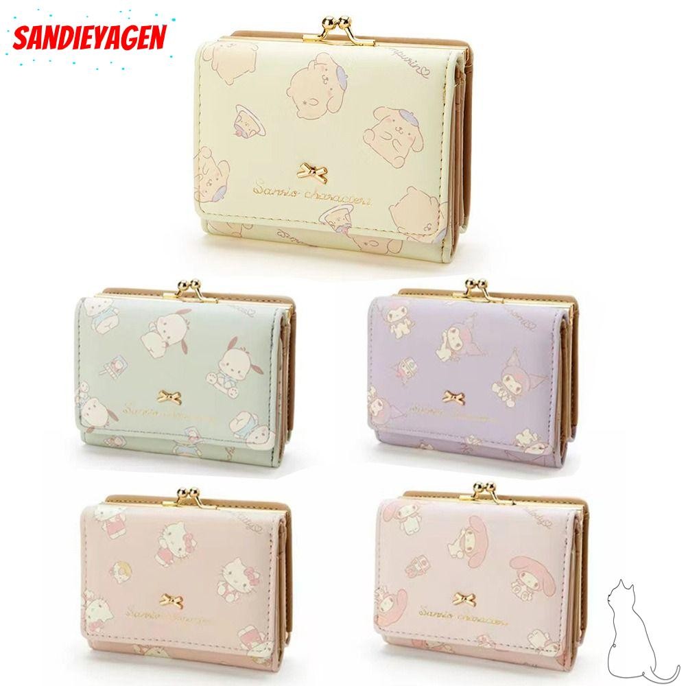 Sandieyean กระเป๋าเงิน, หนัง PU Hello Kitty Kuromi My Melody กระเป๋าใส่เหรียญ, อเนกประสงค์ Sanrio Comfort Surface สามพับผู้ถือบัตรผู้หญิง