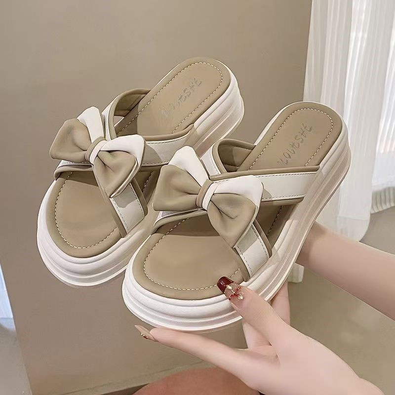 รองเท้าแตะหนาSoledผู้หญิงฤดูร้อนสวมใส่ด้านนอก 2024 สไตล์ใหม่แฟชั่นAll-Match Bowknot Anti-Slipสูง @