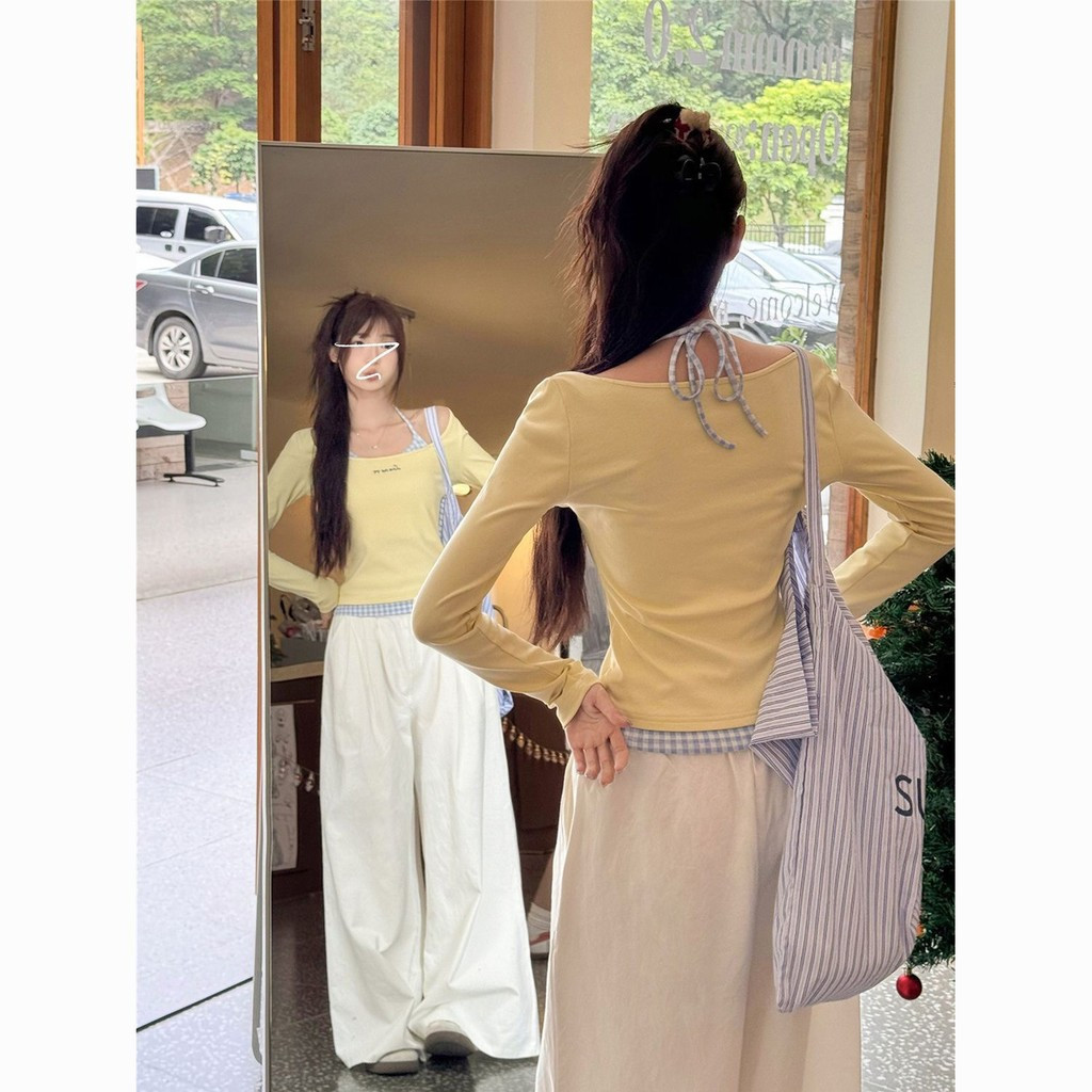 ดีรอน 1*1 เสื้อยืดแขนยาวสีเหลืองแบบผูกคอปลอมสองชิ้นสำหรับผู้หญิง TCGQ A3BA - รูปที่ 3