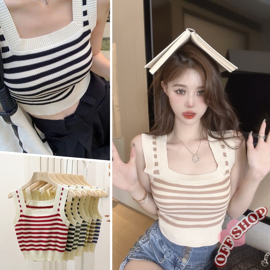 OFF SHOP🥻 เสื้อกล้ามไหมพรม แขนกุด ดีเทลลาย เสื้อครอป ผ้าไหมพรมทอแน่น (72003) -C