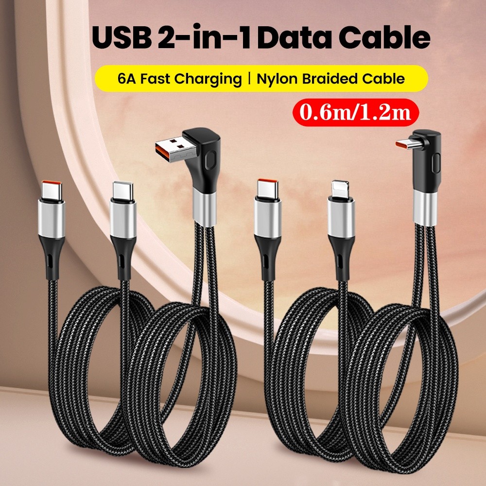 2 in 1 Super Fast สายชาร์จ 6A 66W Type C USB สําหรับ Huawei Samsung 90 องศาข้อศอก Type-C PD สายชาร์จในรถยนต์สําหรับเล่นเกม