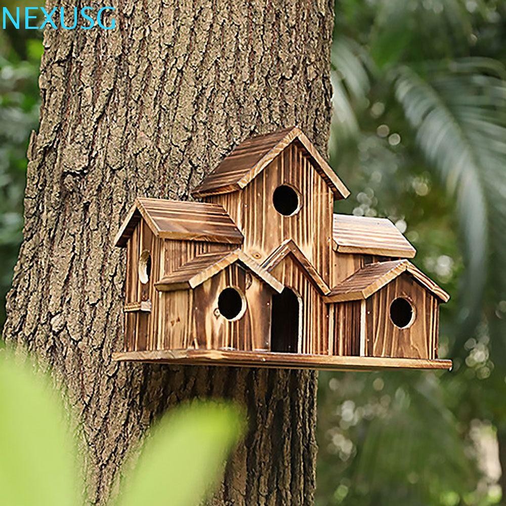 NEXUSG โรงนกต้นไม้แบบแขวน, บ้านนกไม้ทํามือ, ลานกรงนก 6 หลุมธรรมชาติตกแต่ง