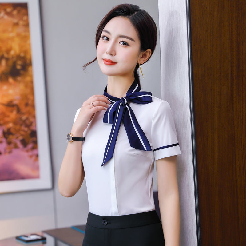 สุภาพสตรีเสื้อแขนสั้นฤดูร้อนสไตล์ใหม่แฟชั่นเกาหลีรุ่น Bow Streamer โรงแรมเคาน์เตอร์ Classy Beauty Salon Stewardess Casual Slimmer ดู Slim-fit Workwear Top