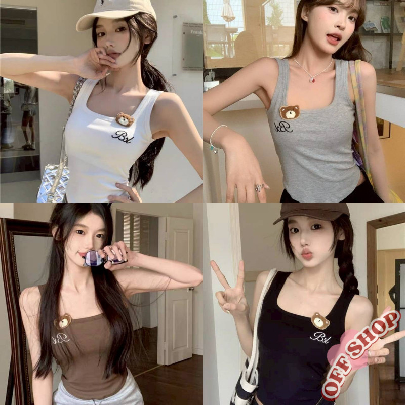 OFF SHOP 🥻ใหม่ 2025 เสื้อกล้าม มีฟองน้ำ ดีเทลติดหมี ยืดพอดีตัว ' FY1832