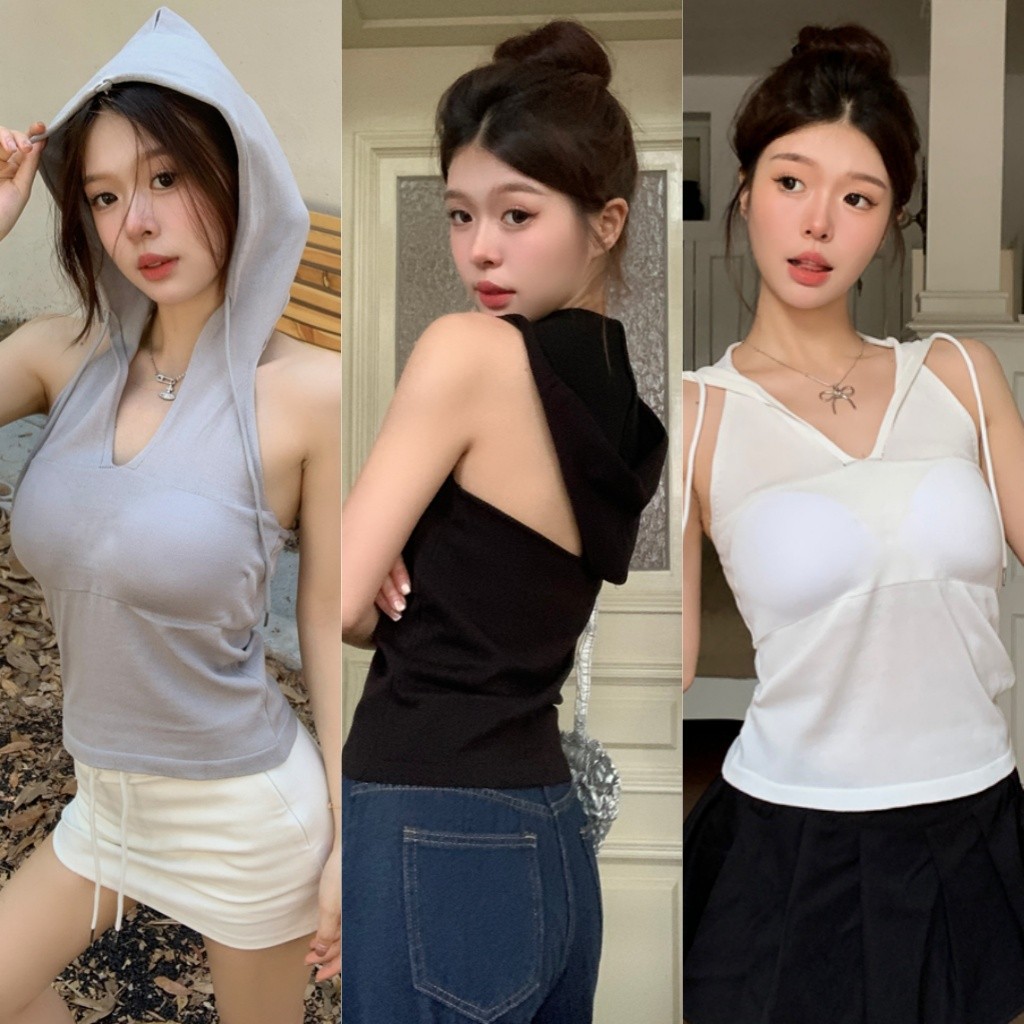 Cilset🛒พร้อมส่ง🎀 เสื้อกล้าม มีฟองน้ำ ดีเทลแต่งฮู้ด แขนกุด สไตล์สตรีท สีพื้น เซ็กซี่ แฟชั่น /M2929