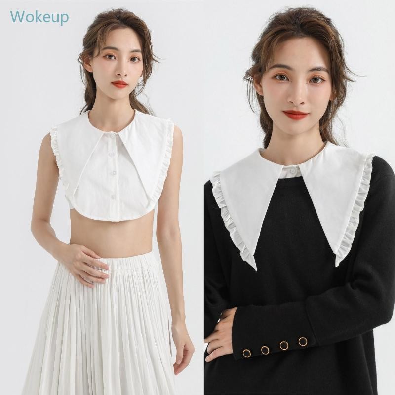 Wake ครึ่งเสื้อปุ่มลงที่ถอดออกได้เสื้อปลอม Ruffle Trim สามเหลี่ยมตกแต่ง Dickey สําหรับผู้หญิง Fav