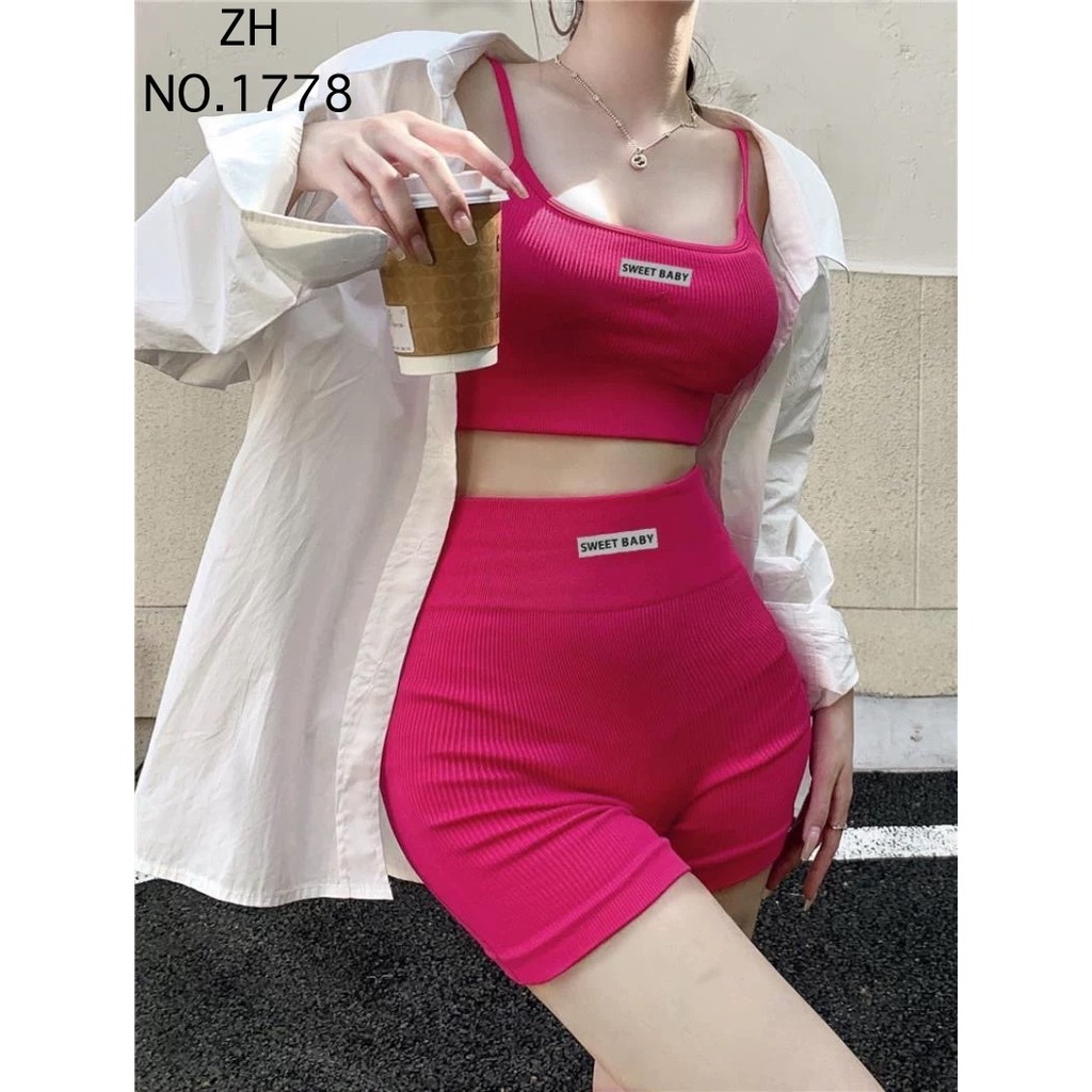【จัดส่งฟรี】ZH.1778 ชุดเซทสปอร์ตบราsweet babyงานผ้าร่อง11สี บราสปอร์ต+กางเกงขาสั้น ชุดโยคะ ชุดออกกำลั