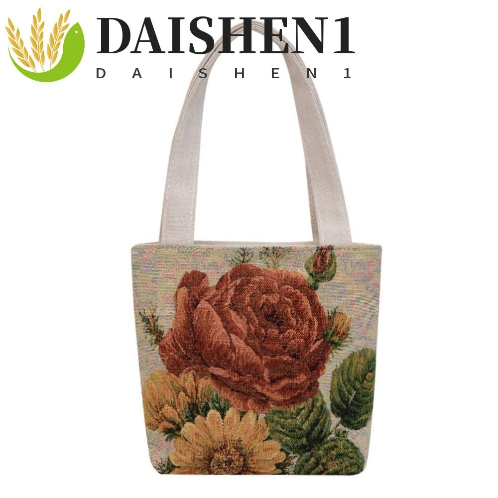 Daishen1 กระเป๋าถือ กระเป๋าสะพายไหล่ กระเป๋าช้อปปิ้ง ผ้าแคนวาส ปักลายดอกไม้ กระต่าย สไตล์เกาหลี สําหรับผู้หญิง