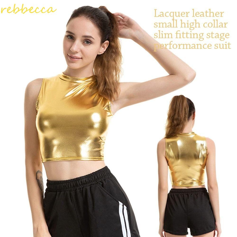 เสื้อ REBBCCA Bralette, เครื่องแต่งกายแสดงแขนกุด, ผู้หญิงเลียนแบบหนัง Slim Shiny Short Crop Top ไนท์