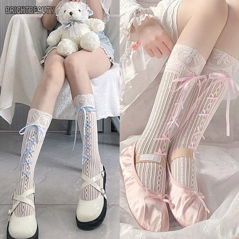 Brightbeauty บัลเล่ต์ Elegant สไตล์ถุงเท้าริบบิ้น Bows Tie Stocking Hollows ลูกไม้ลาย Bows Tie Fishnet ยาวเข่าความยาวถุงเท้า TH