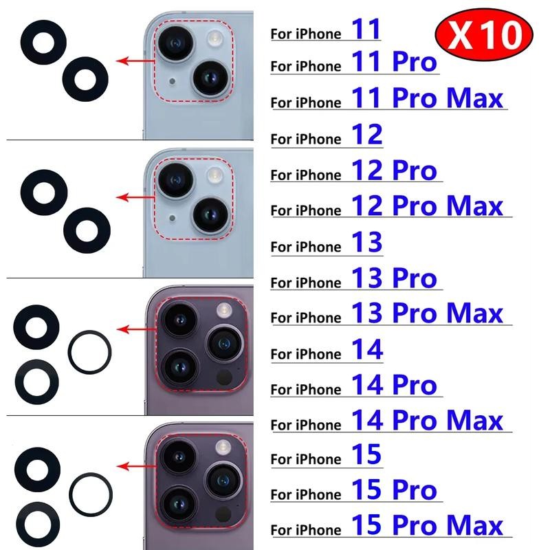10 ชิ้น/ล็อต,สําหรับ iPhone X XR XS 11 12 13 14 15 16 Pro Max Mini Plus เลนส์กล้องด้านหลังพร้อม Ahesive