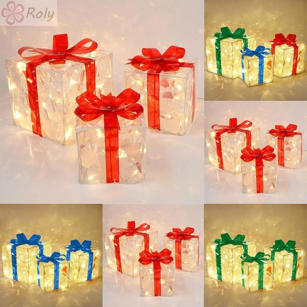 Roly 3 ชิ้น/เซ็ตชุดกล่องของขวัญคริสต์มาส, PVC พับกล่องไฟคริสต์มาส, Creative พร้อมโบว์ริบบิ้นส่องสว่าง Light Up กล่องปัจจุบันกลางแจ้ง