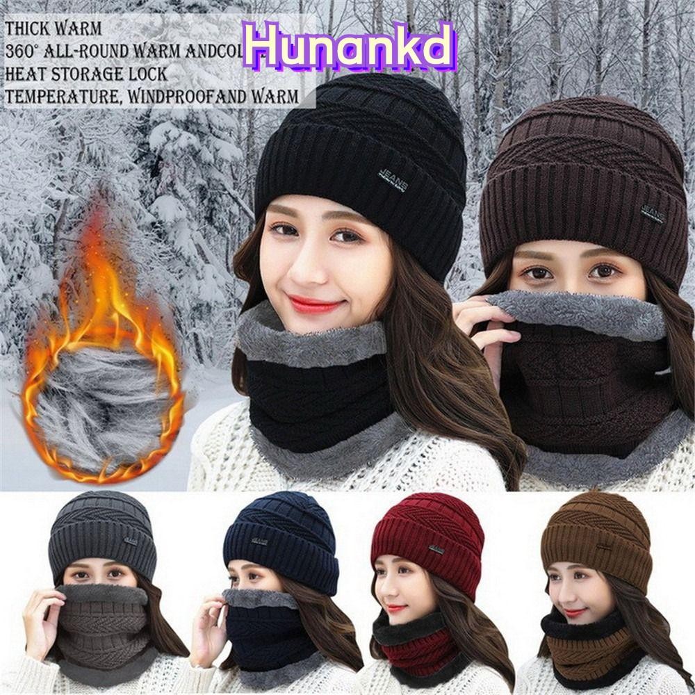Huan ผ้าพันคอคอหมวกความร้อนผู้ชายผู้หญิงขนแกะถักหมวก
